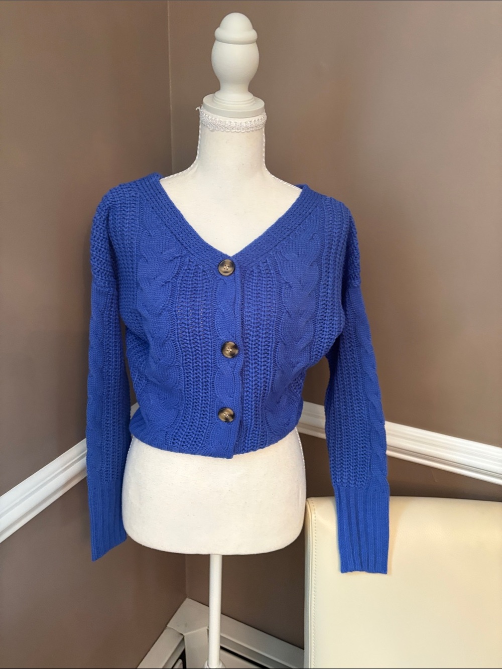 moon & madison Cable Knit V-Neck Button Front Sweater - Royal Blue